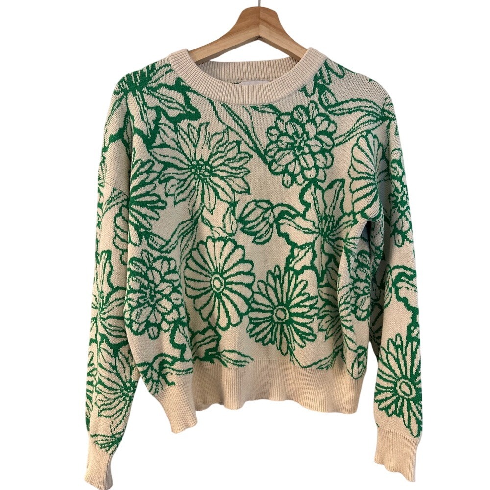 FRNCH Cream Crewneck Sweater with Green Floral Jacquard‎
